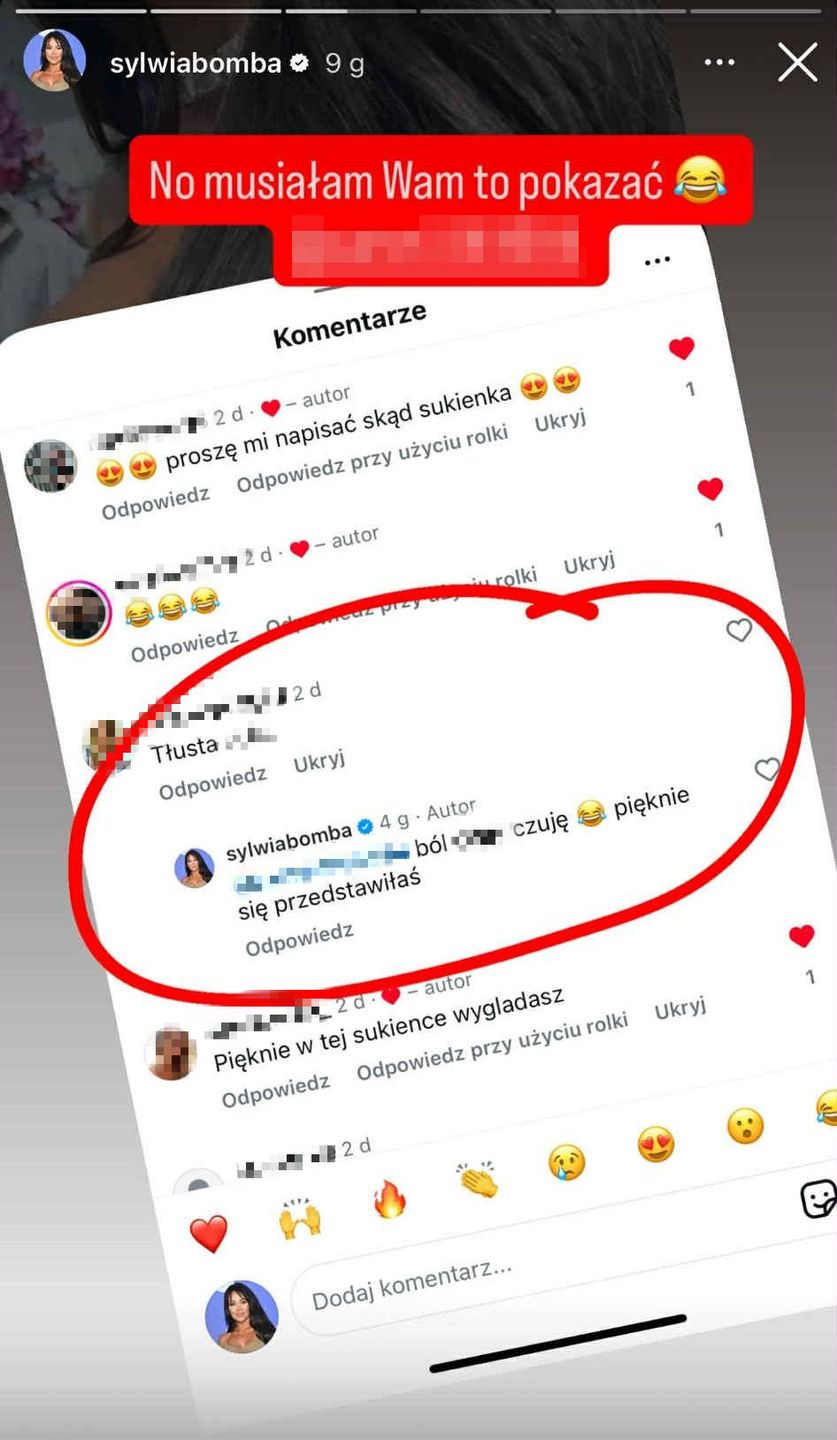 Sylwia Bomba udostępniła wymierzony w nią hejterski komentarz