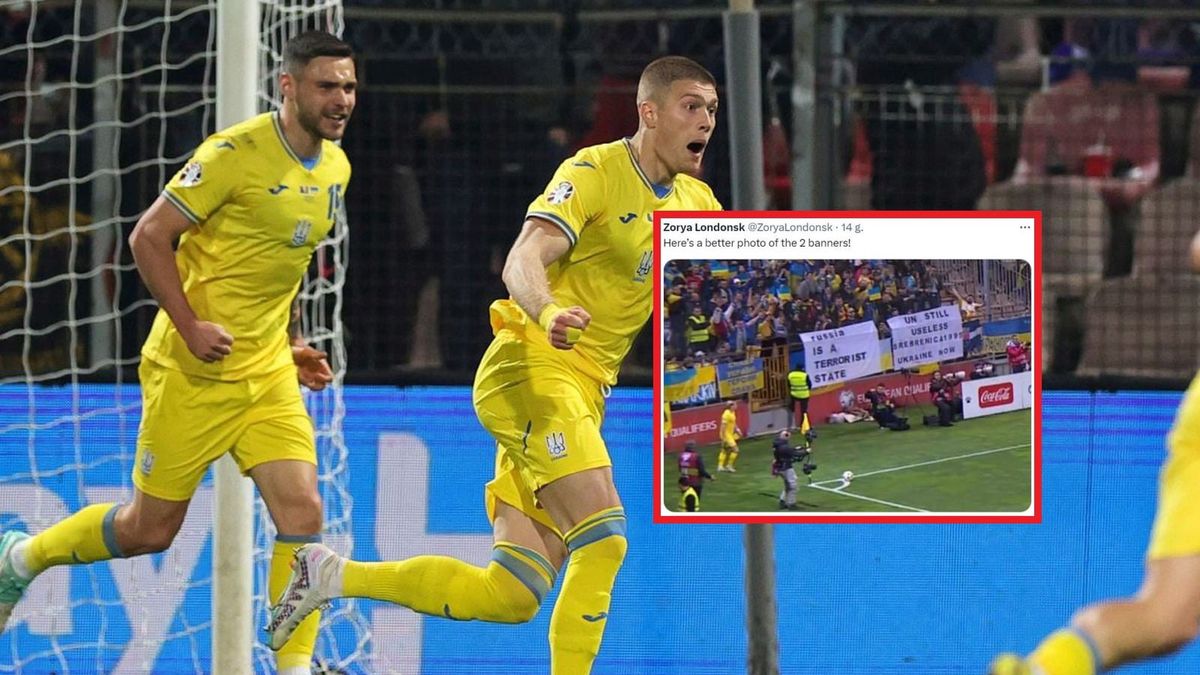 Kibice z Ukrainy wywiesili dwa transparenty na trybunie