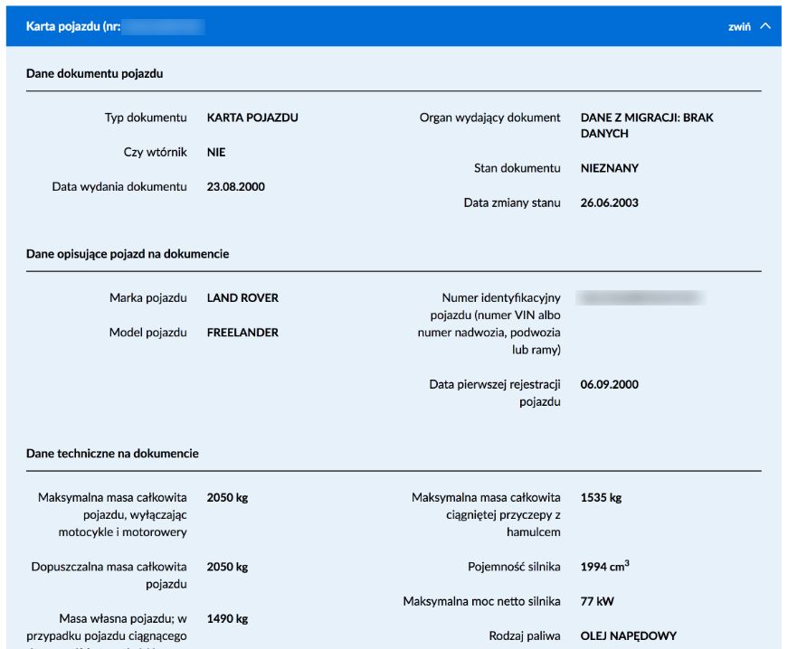 Część informacji w ramach szczegółów związanych z kartą pojazdu.