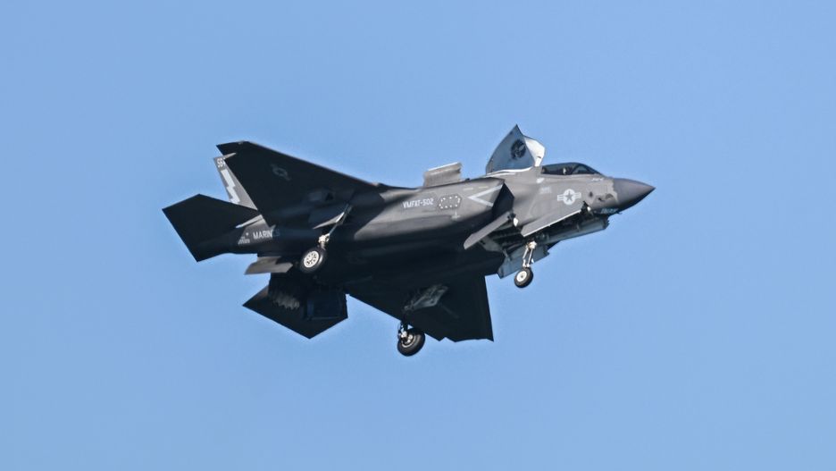 SAN FRANCISCO, CALIFORNIA - OCTOBER 06: An F-35 plane files near Alcatraz Island and Golden Gate Bridge during Fleet Week Air Show in San Francisco, California on October 06, 2023. (Photo by Tayfun Coskun/Anadolu Agency via Getty Images)