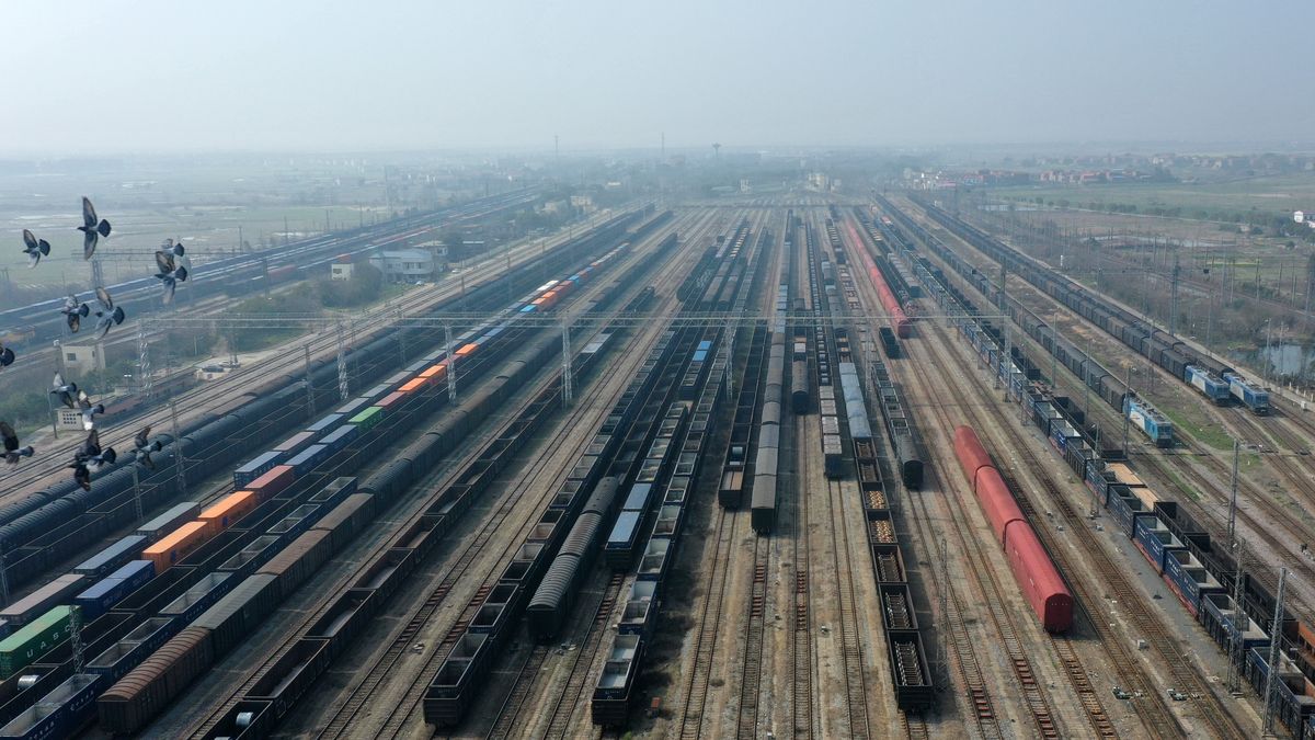 NANCHANG, CHINA - MARCH 7, 2024 - Cargo train loaded with spring ploughing materials prepare to leave the Xiangtangxi Marshalling Yard of the Southern Railway in Nanchang, Jiangxi province, China, March 7, 2024. (Photo credit should read CFOTO/Future Publishing via Getty Images)
