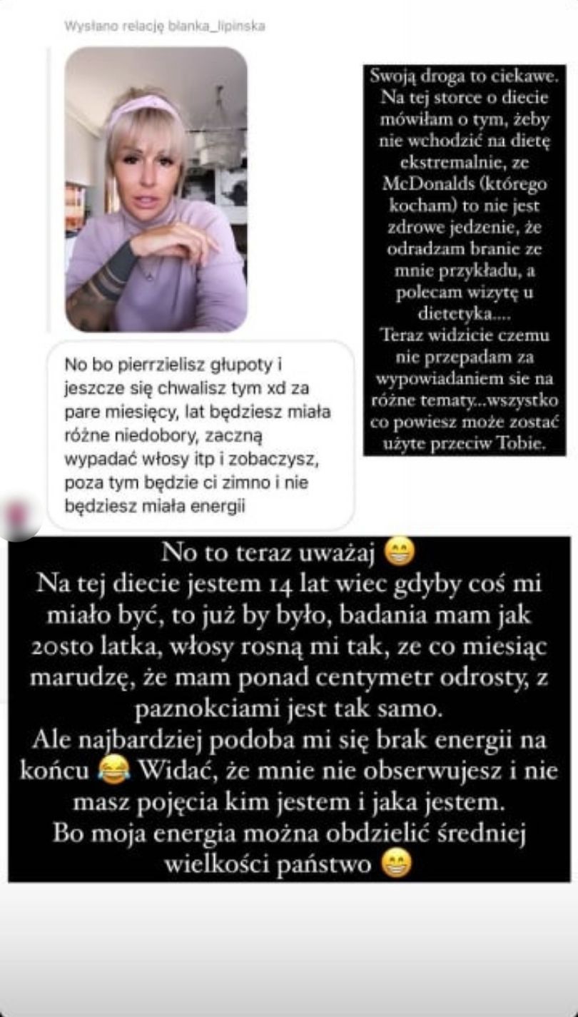 Blanka Lipińska odpowiada na krytykę swojej diety