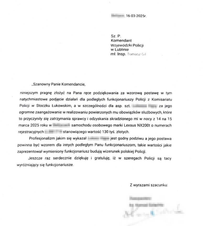 List z podziękowaniami dla policji Łuków