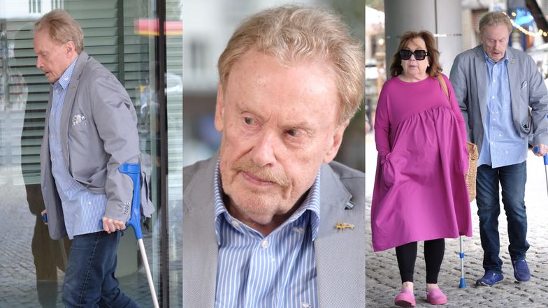 Daniel Olbrychski z żoną i o kulach wychodzi ze studia "DDTVN"