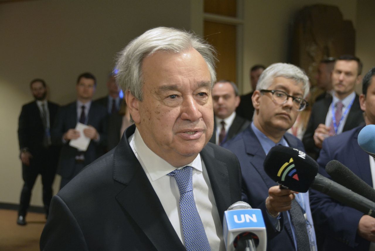 U.N. Secretary General Antonio Guterres speaks to reporters at U.N. headquarters in New York on Jan. 21, 2020. (Photo by Kyodo News via Getty Images)