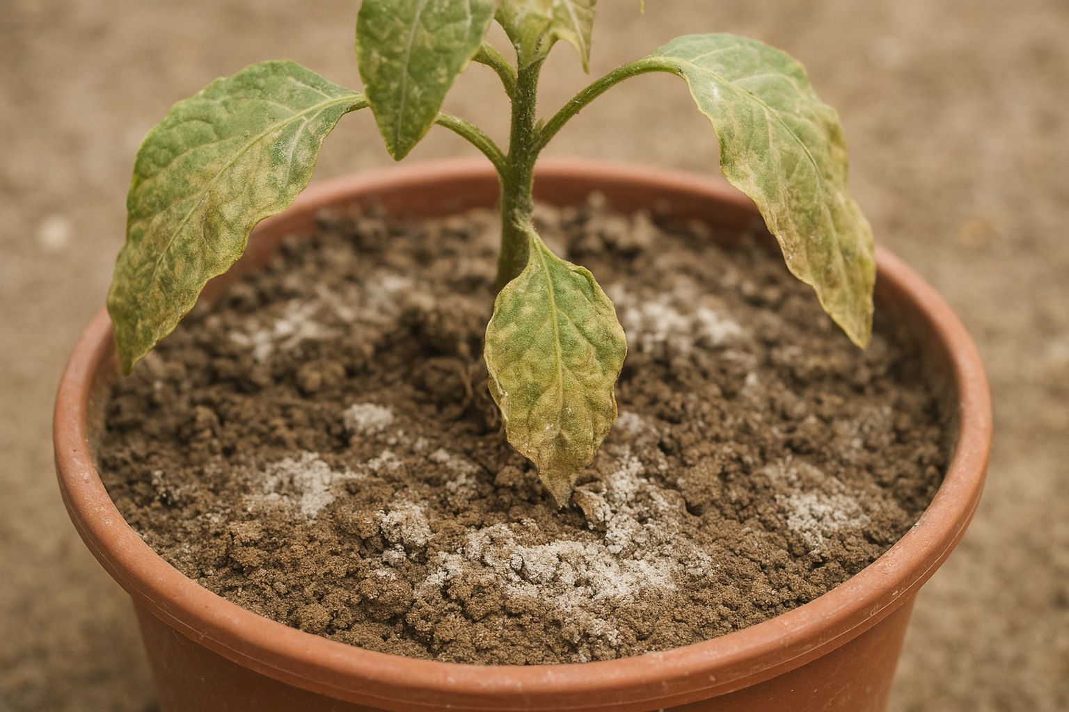 Biały osad soli na powierzchni ziemi w doniczce – objaw zasolenia podłoża. – ilustracja artykułu
