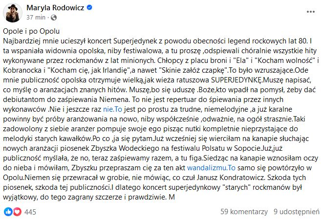 Maryla Rodowicz zabrała głos po Festiwalu w Opolu