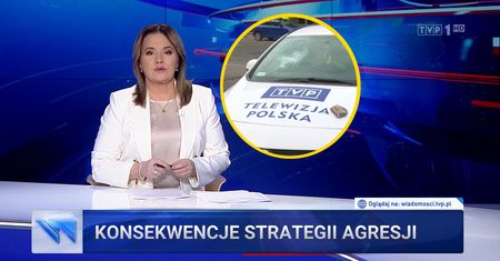 Kamień trafił w auto TVP. "Wiadomości" wskazały kolejnego wroga