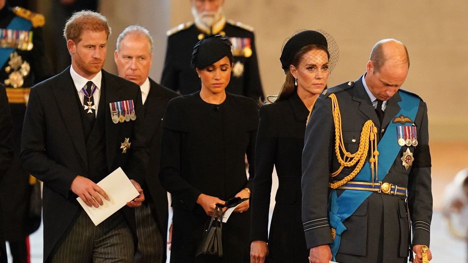 The Coffin Carrying Queen Elizabeth II Is Transferred From Buckingham Palace To The Palace Of WestminsterLONDON, ENGLAND - SEPTEMBER 14: (L-R) The Duke of Sussex, the Earl of Snowdon, the Duchess of Sussex, the Princess of Wales and the Prince of Wales follow the bearer party carrying the coffin of Queen Elizabeth II into Westminster Hall on September 14, 2022, in London, England. Queen Elizabeth II's coffin is taken in procession on a Gun Carriage of The King's Troop Royal Horse Artillery from Buckingham Palace to Westminster Hall where she will lay in state until the early morning of her funeral. Queen Elizabeth II died at Balmoral Castle in Scotland on September 8, 2022, and is succeeded by her eldest son, King Charles III. (Photo by Jacob King - Pool/Getty Images)WPA Pool