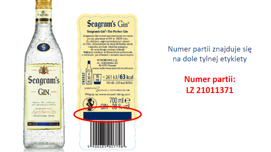 Fragmenty szkła w partii Seagram's Gin od Wyborowej. Alkohol wycofany ze sklepów