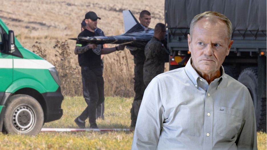 Donald Tusk / Służby zabierające szczątki rosyjskiego drona