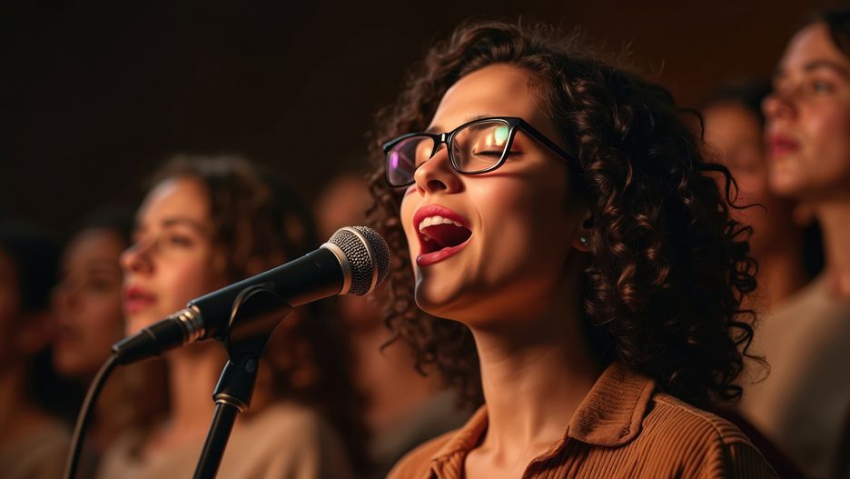 Young woman passionately sings into microphone during choir performance indoors. Singing with expression, emotion, artistry, harmony. Joyful atmosphere, community, talent, voice. Concert, stage,Young woman passionately sings into microphone during choir performance indoors. Singing with expression, emotion, artistry, harmony. Joyful atmosphere, community talent, voice. Concert, stagesinging, choir, performance, music, microphone, woman, indoor, passion, expression, emotion, stage, audience, voice, talent, art, culture, event, sound, rhythm, harmony, entertainment, group, celebration, joy, activity, community, togetherness, concert, melody, inspiration, creativity, rehearsal, vocal, youth, diversity, engagement, connection, atmosphere, dedication, practice, show, artistry, gospel, church, singer, vocalist, song, instrument, musical, vocal cords, live music, performance art, live, theatre, auditorium, concert hall, gig, singing competition, coach, opera, jazz, blues, pop, rock, acoustic, soprano, alto, tenor, bass, singing, choir, performance, music, microphone, woman, indoor, passion, expression, emotion, stage, audience, voice, talent, art, culture, event, sound, rhythm, harmony, entertainment, group, celebration, joy, activity, community, togetherness, concert, melody, inspiration, creativity, rehearsal, vocal, youth, diversity, engagement, connection, atmosphere, dedication, practice, show, artistry, gospel, church, singer, vocalist, song, instrument, musical, vocal cords