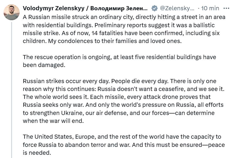 Wołodymyr Zełenski pisze o tragedii w Krzywym Rogu