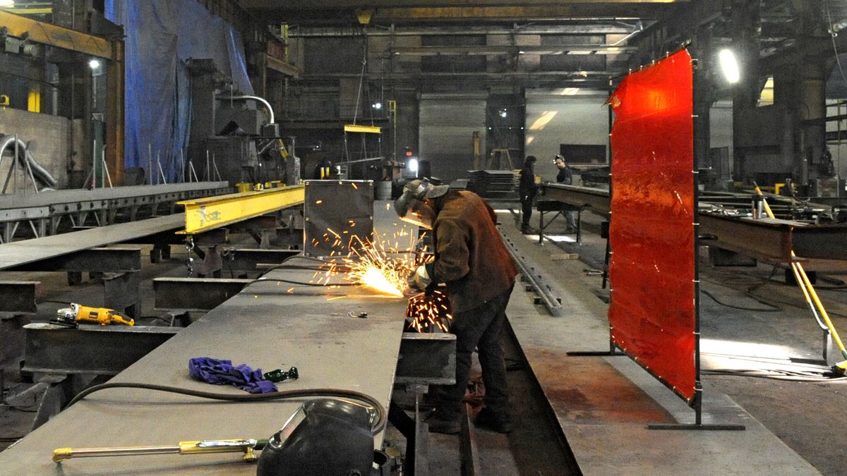 Workers weld large pieces of steel in the STS Steel, Inc. plant on Thursday, March 13, 2014 in Schenectady, N.Y.  (Photo by Lori Van Buren/Albany Times Union via Getty Images)