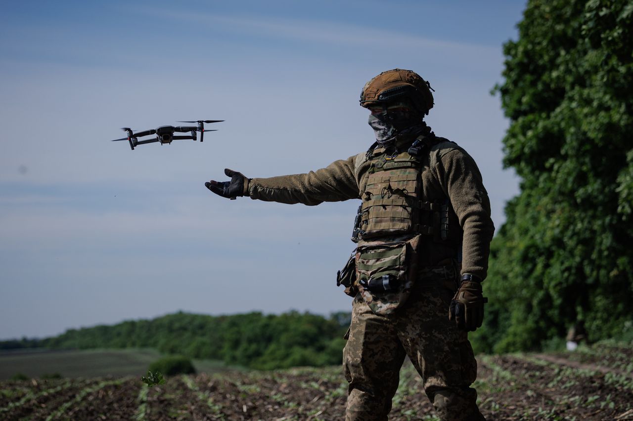 KYIV OBLAST, UKRAINE - MAY 9: Ukrainian military catches drone after training flight on May 9, 2023 in Kyiv Oblast, Ukraine. On 24 February 2022, Russia invaded Ukraine in an escalation of the Russian-Ukrainian war that started in 2014. The full-scale invasion is the largest military attack in Europe since World War II. (Photo by Oleg Palchyk/Global Images Ukraine via Getty Images)