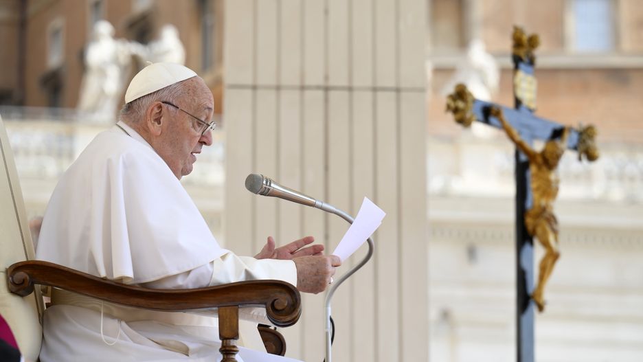 VATICAN CITY, VATICAN - MAY 15: (EDITOR NOTE: STRICTLY EDITORIAL USE ONLY - NO MERCHANDISING) Pope Francis holds his speech during his weekly audience at St. Peter's Square  on May 15, 2024 in Vatican City, Vatican. (Photo by Vatican Media via Vatican Pool/Getty Images)