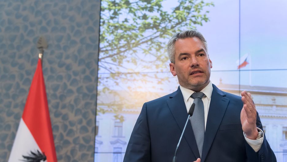 May 17, 2022, Prague, Czech Republic: Chancellor of Austria, Karl Nehammer seen during a joint press conference in Prague. The chancellor visited Czech Republic and meet with Czech prime minister.