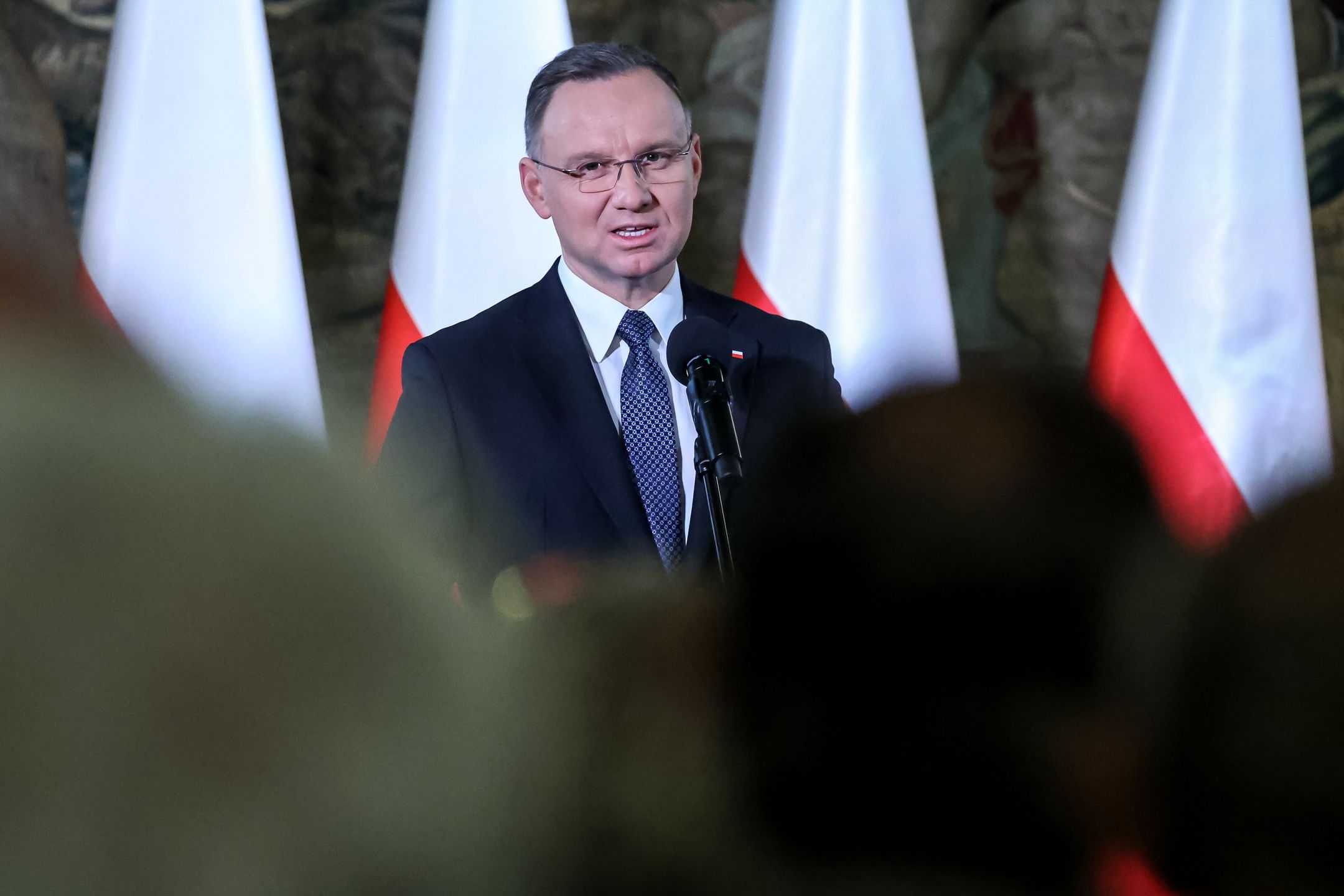 KRAKOW, POLAND - 2023/11/24: President of the Republic of Poland, Andrzej Duda attends the Plenary Meeting of the Social Committee for the Restoration of Krakow Monuments in landmark middle age architecture of Wawel castle, senator room, to celebrate and appreciate the work done to restore Krakow's medieval and more recent architecture. (Photo by Dominika Zarzycka/SOPA Images/LightRocket via Getty Images)