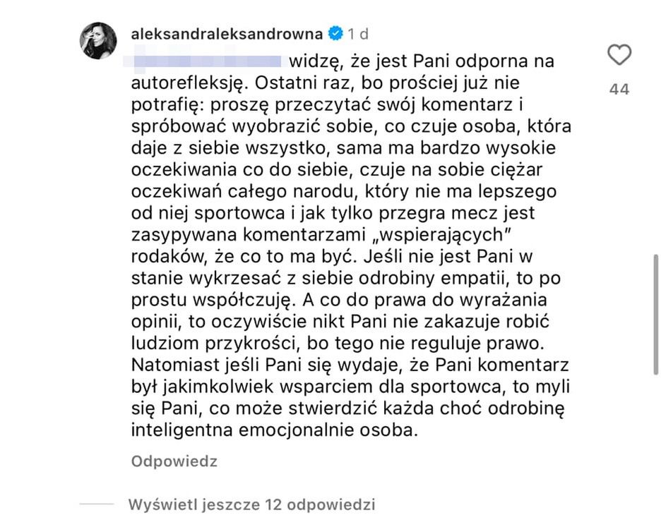 Kwaśniewska awanturuje się z internautką pod wpisem Świątek