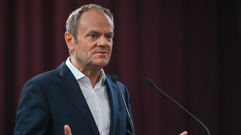 RZESZOW, POLAND - APRIL 25, 2023:
Donald Tusk, chairman of the opposition party Civic Platform (PO), speaks during the meeting of the Civic Coalition political alliance at the Hotel Rzeszow, on April 25, 2023, in Rzeszow, Poland. 
The leader of the Civic Platform began the second day of his election campaign as part of the 'Here is the Future' (Polish: #TuJestPrzyszlosc) campaign in Podkarpacie province, with a meeting with members and supporters of the party. (Photo by Artur Widak/Anadolu Agency via Getty Images)