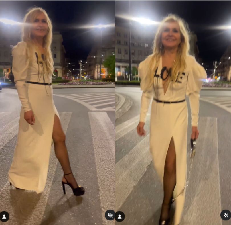 Monika Olejnik pozuje na przejściu dla pieszych