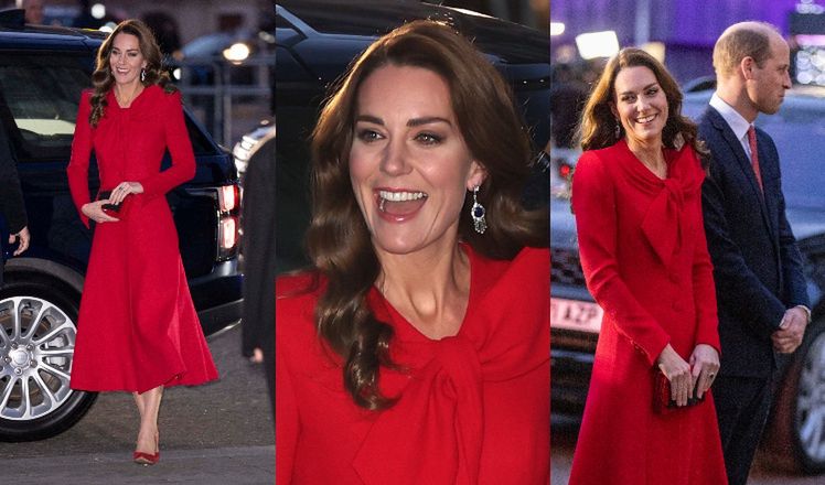 Kate Middleton w czerwonej sukience-płaszczu kolęduje z księciem Williamem