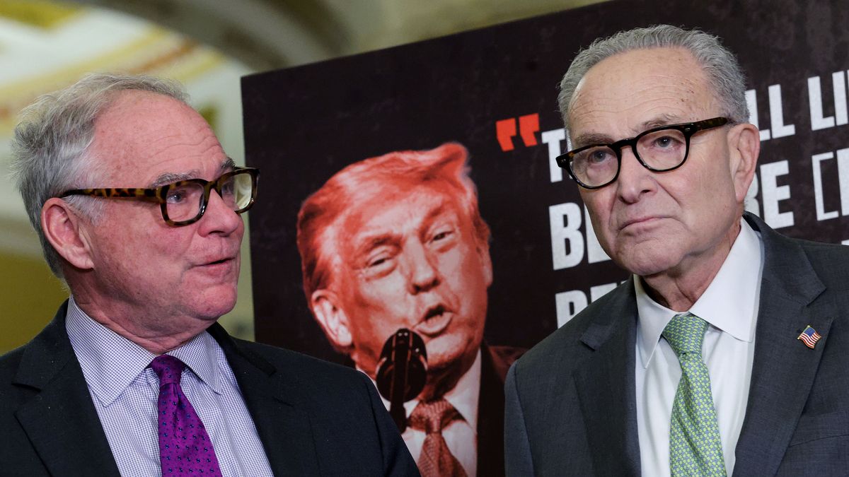 WASHINGTON, DC - MARCH 03: Sen. Tim Kaine (D-VA) (L) and U.S. Senate Minority Leader Chuck Schumer (D-NY) speak following the weekly Senate Democrat policy luncheon at the U.S. Capitol on March 03, 2026 in Washington, DC. The Senators spoke on the recent U.S. and Israeli attacks on Iran and the upcoming war powers vote. (Photo by Kevin Dietsch/Getty Images)