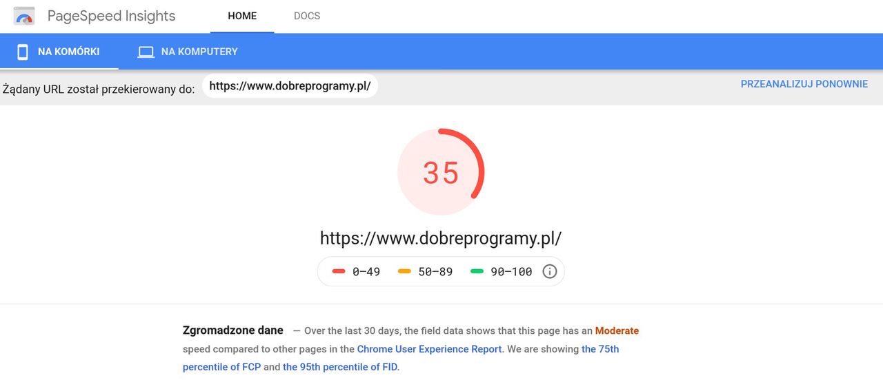 Wynik dobreprogramy.pl w teście Google PageSpeed Insights