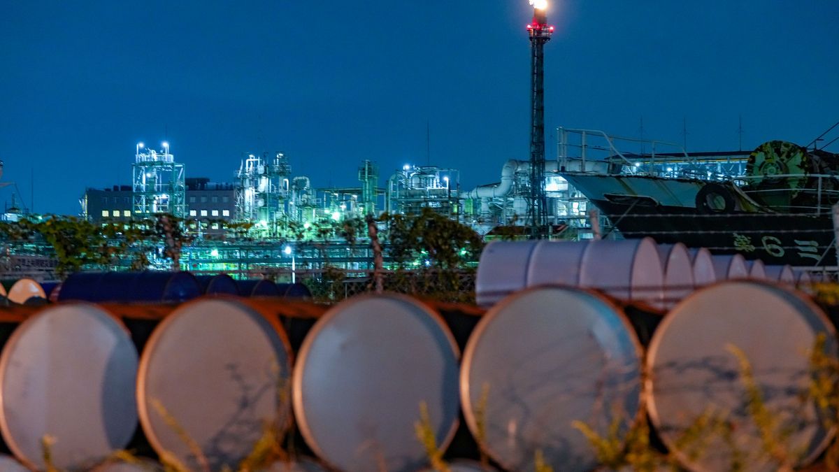 Storage drums stacked in the Keihin industrial area of Kawasaki, Kanagawa Prefecture, Japan, on Wednesday, Oct. 11, 2023. Oil dropped for a third day, erasing all of the surge on Monday that followed Hamas' attack on Israel over the weekend. Photographer: Toru Hanai/Bloomberg via Getty Images