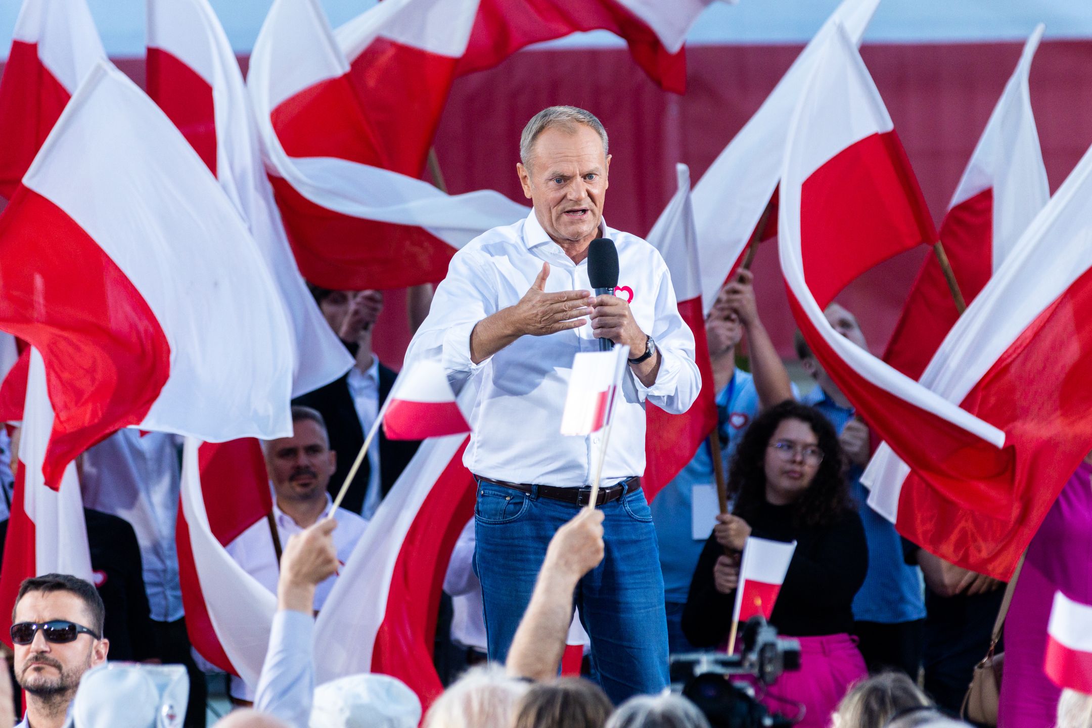 Donald Tusk   during a campaign meeting of the Civic Platform party ahead of parliamentary elections in Poland , in Otwock, Poland, September 25, 2023.
 POLAND OUT

 (Photo by Andrzej Iwanczuk/NurPhoto via Getty Images)