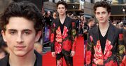 Nieśmiały Timothee Chalamet pozuje w drogim garniturze w kwiatki