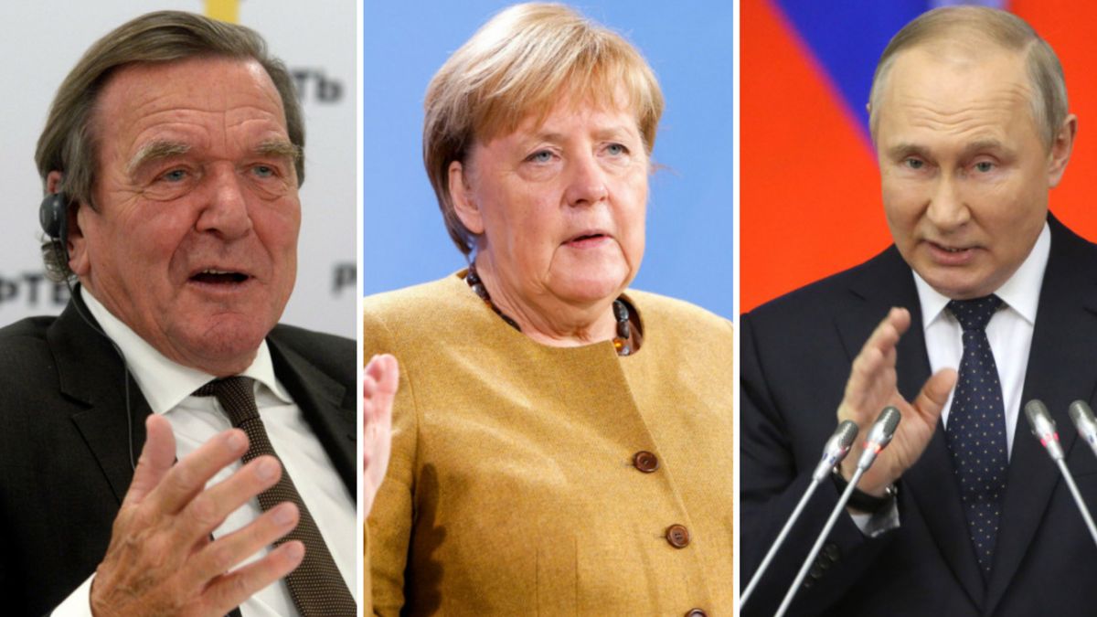 Od lewej: Gerhard Schroeder, Angela Merkel, Władimir Putin