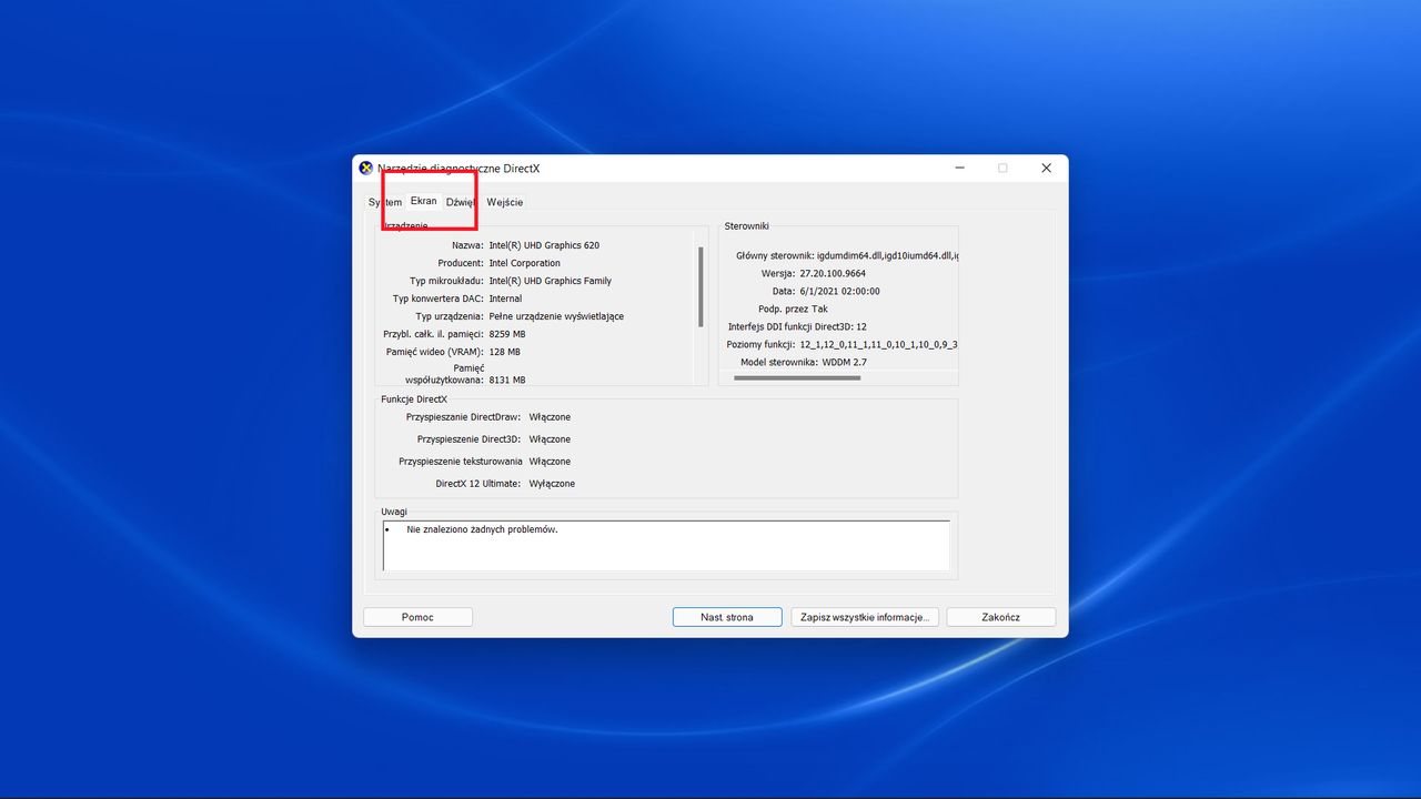 Windows 11: narzędzie diagnostyczne DirectX