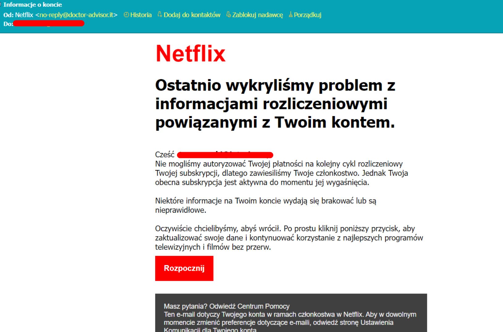 Fałszywy e-mail "od Netfliksa"