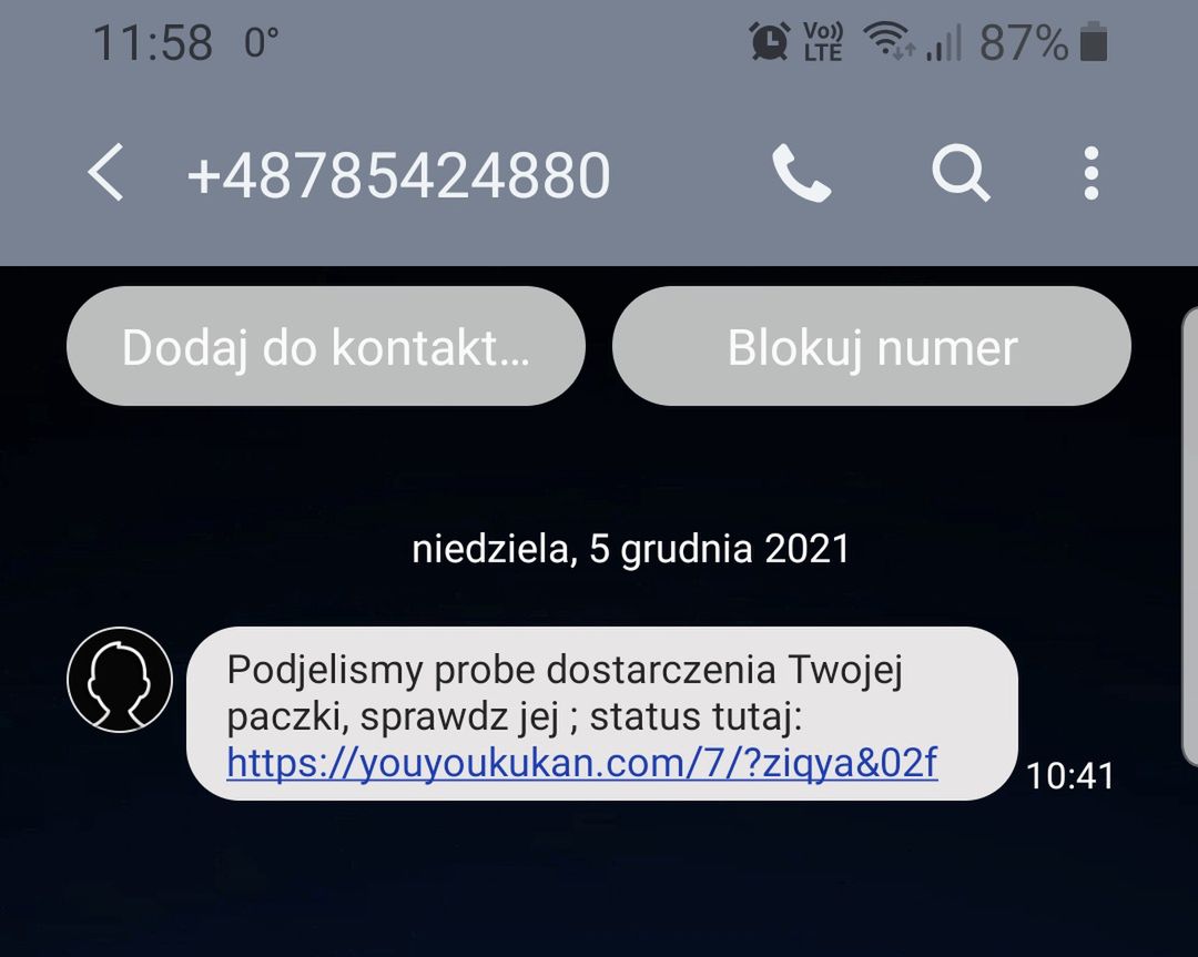 Fałszywy SMS o zamówieniu lub paczce