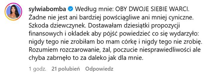 Komentarz Sylwii Bomby na Instagramie