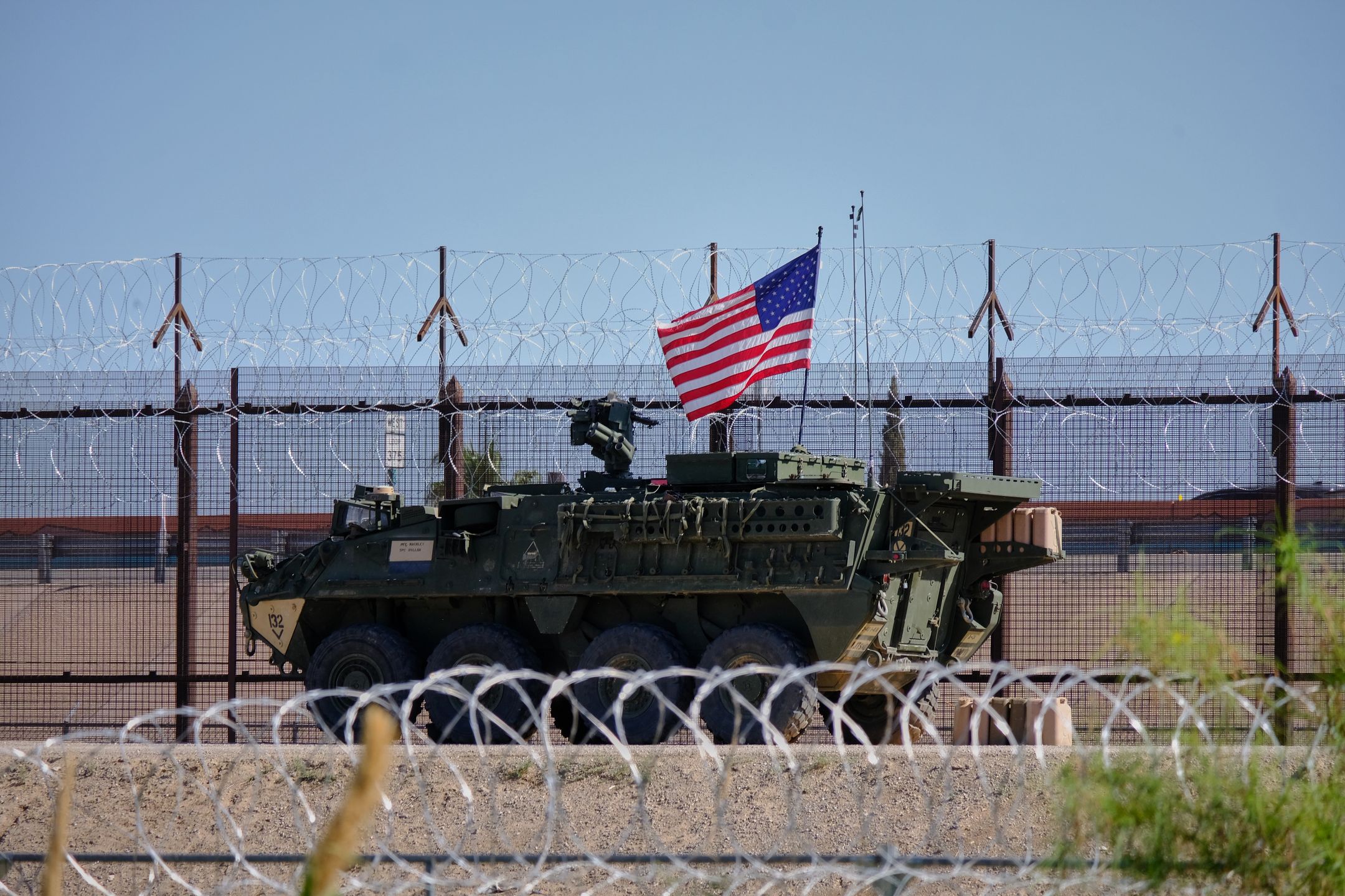 A US Army tank at the border wall in Juarez, Chihuahua state, Mexico, on Friday, July 18, 2025. Mexican officials were taken aback by President Donald Trump's latest tariff threat after paying frequent visits to his top aides in Washington to convince him their efforts to fight drug trafficking were paying off. Photographer: Mauricio Palos/Bloomberg via Getty Images