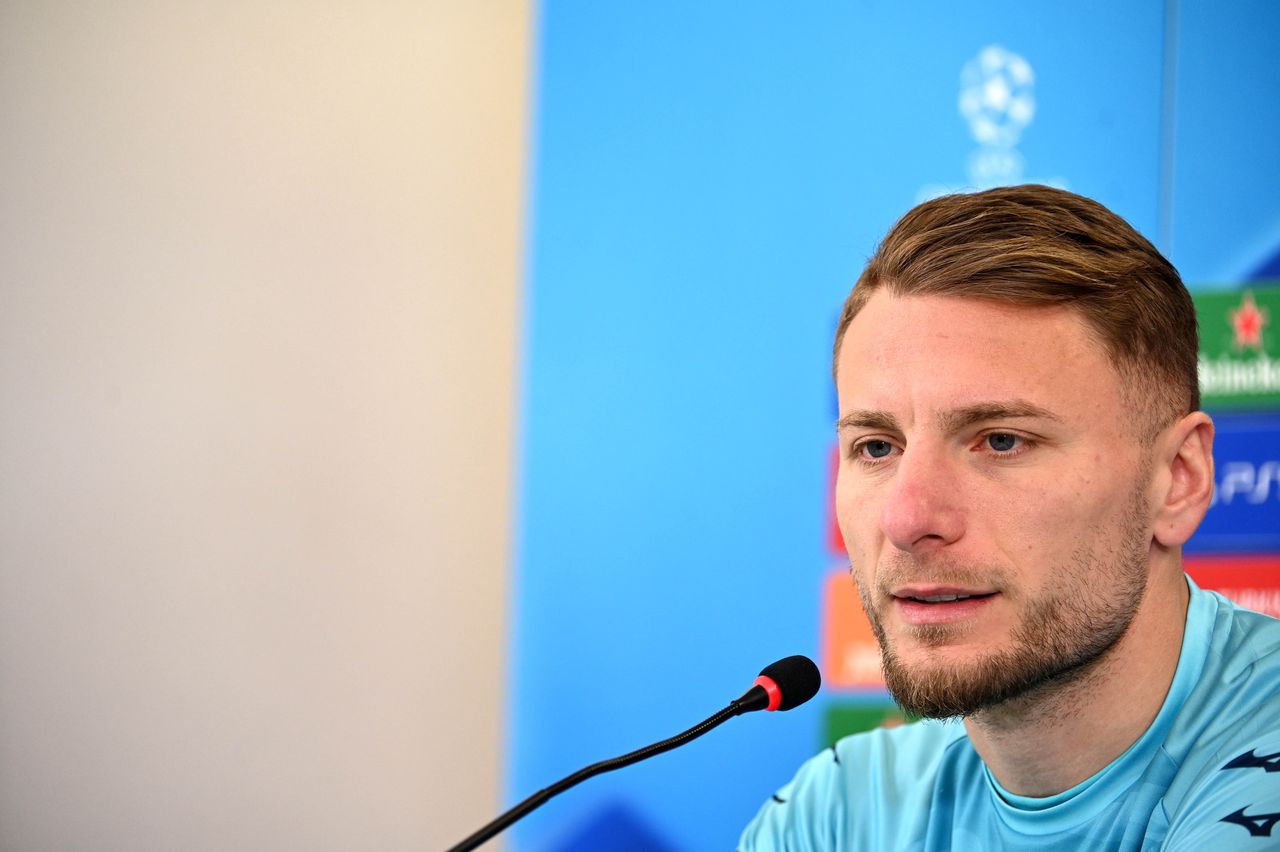 ROME, ITALY - FEBRUARY 13: Ciro Immobile of SS Lazio attends the press conference ahead of their UEFA Champions League match against SS Lazio and Bayern Munchen at Formello sport centre on February 13, 2024 in Rome, Italy. (Photo by Marco Rosi - SS Lazio/Getty Images)