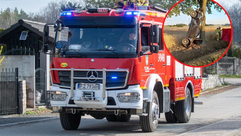 Straż pożarna i samochód na miejscu wypadku