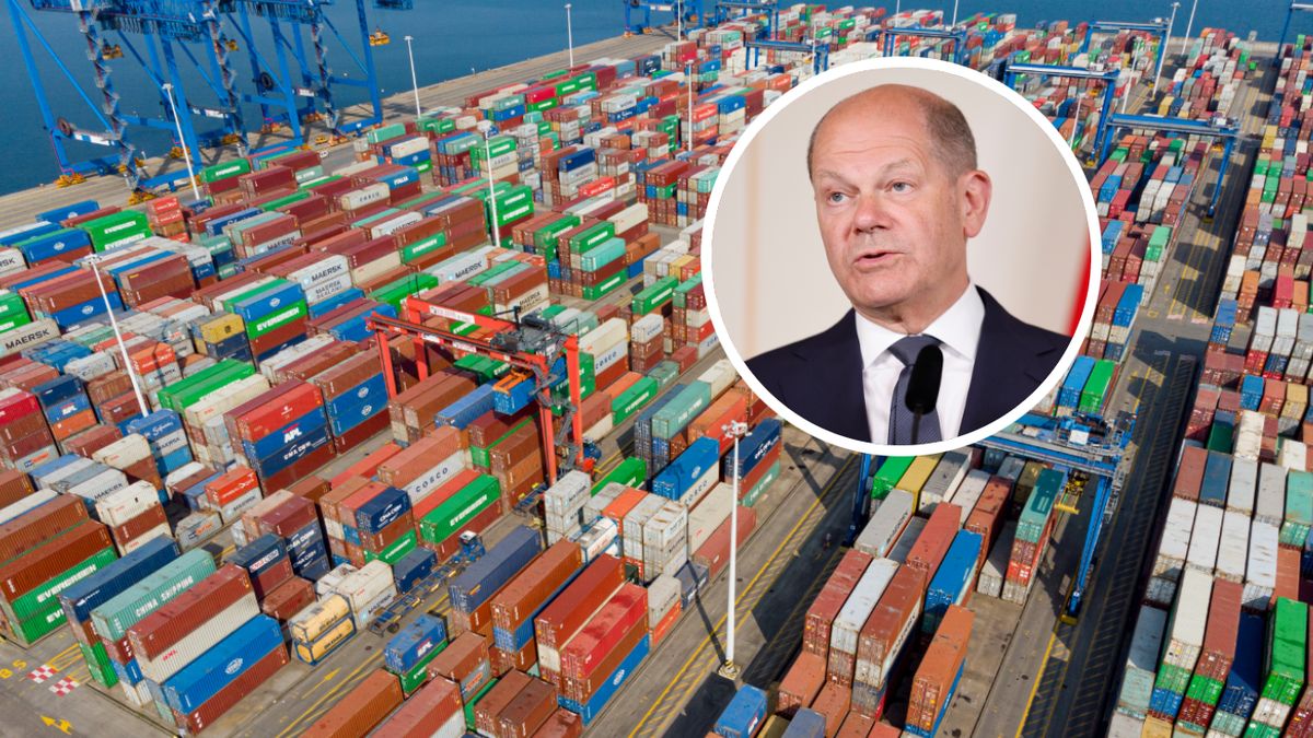 Na zdjęciu port kontenerowy Baltic Hub w Gdańsku i kanclerz Olaf Scholz, którego rząd uruchomił w marcu 2024 r. Krajową strategię portową