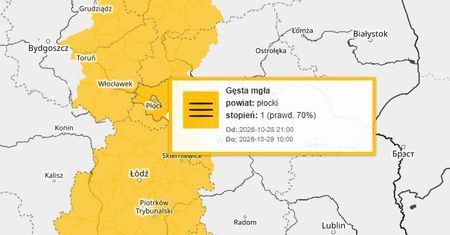 Gęste mgły w Płocku i powiecie płockim. IMGW ostrzega przed widzialnością poniżej 200 metrów!