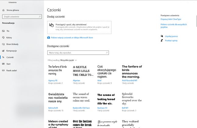 Ustawienia czcionek. Dodatkowe można pobierać z Microsoft Store.