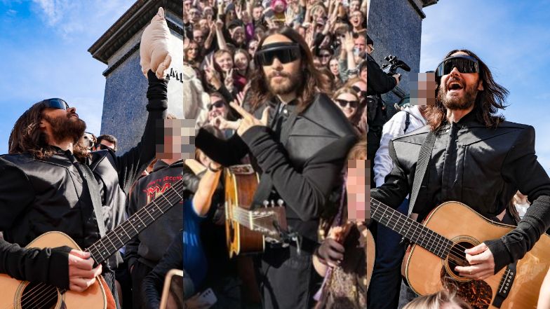 Jared Leto bez ochrony i z pluszowym pierogiem w rękach dał darmowy koncert na rynku w Krakowie (ZDJĘCIA)