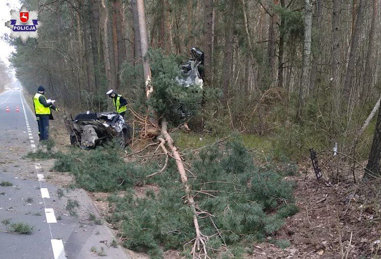 Drożdżak. Skoda rozpadła się na pół po uderzeniu w drzewo | fot. KPP Łuków