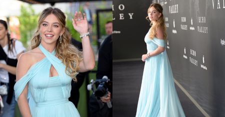 Sydney Sweeney zachwyca w błękitnej sukni z trenem na premierze filmu