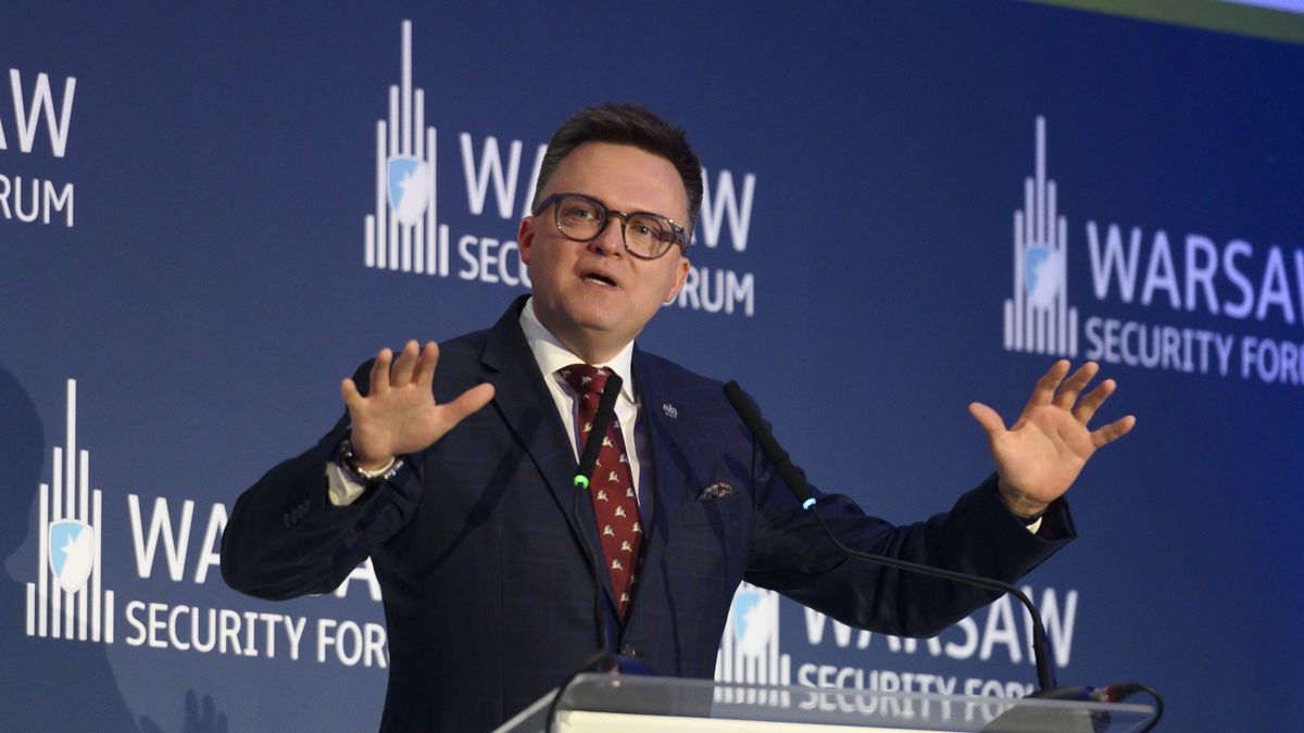 Speaker of the Lower House of Parliament (Sejm) Szymon Holownia speaks during the Warsaw Security Forum 2024 in Warsaw, Poland on October 1, 2024. WSF2024, entitled 'Ensuring Security, Responding to Challenges,' marks the 25th anniversary of Poland's accession to NATO. The forum will run until 02 October. (Photo by Aleksander Kalka/NurPhoto via Getty Images)