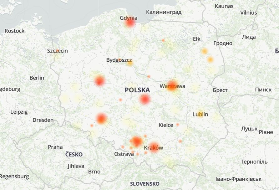 Mapa z serwisu Downdetector pokazuje geograficzny rozkład zgłoszeń o awarii