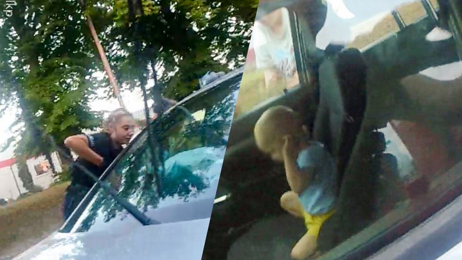 Małe dziecko zatrzaśnięte w aucie. Policjanci wybili szybę