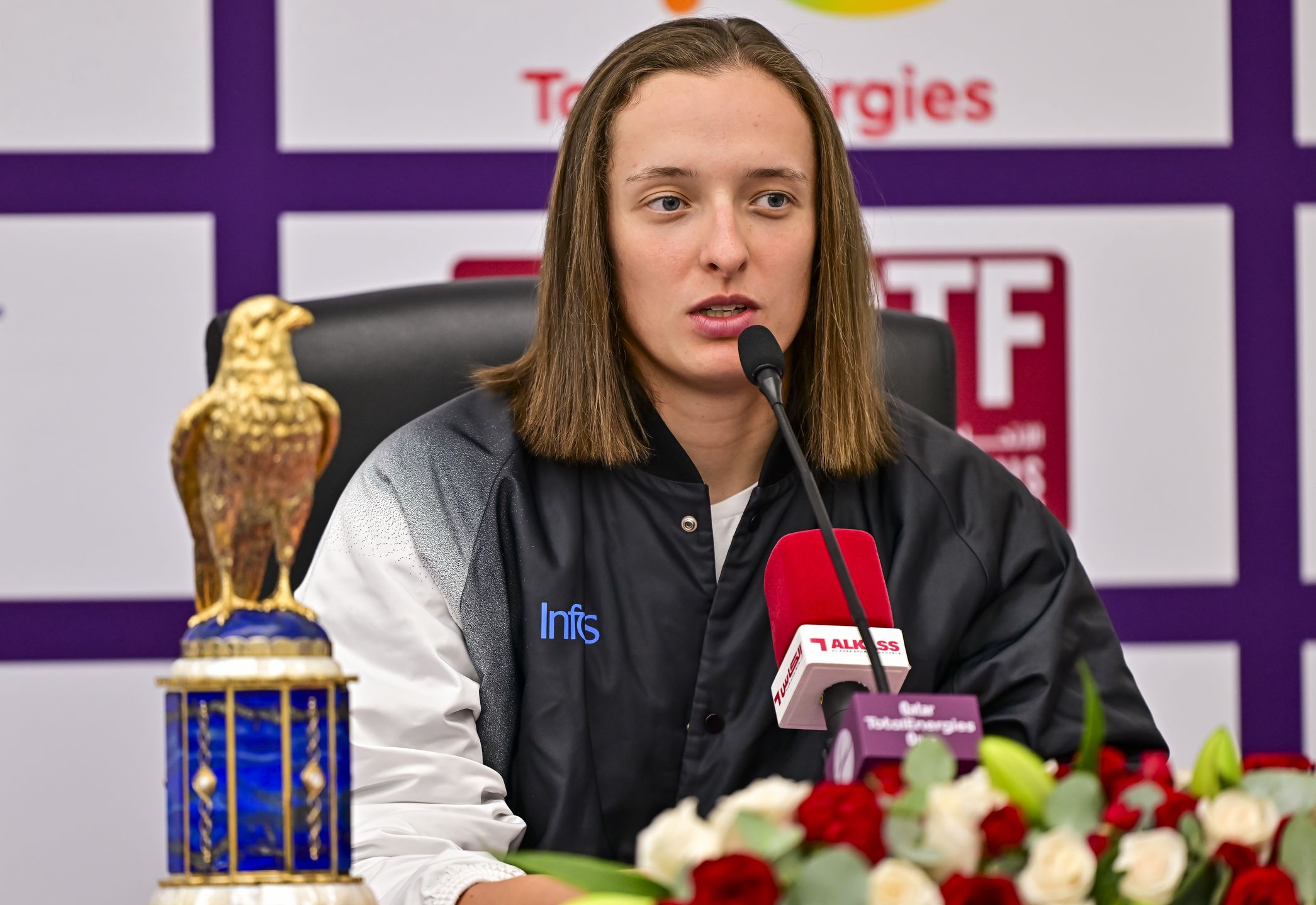 Iga Swiatek of Poland is speaking to the media during a press conference after winning the final match against Elena Rybakina of Kazakhstan at the WTA 1000-Qatar TotalEnergies Open tennis tournament at the Khalifa International Tennis Complex in Doha, Qatar, on February 18, 2024. (Photo by Noushad Thekkayil/NurPhoto via Getty Images)