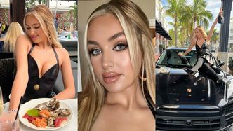Caroline Derpienski w skórzanym wdzianku z głębokim dekoltem wcina frykasy i lansuje się na masce Porsche
